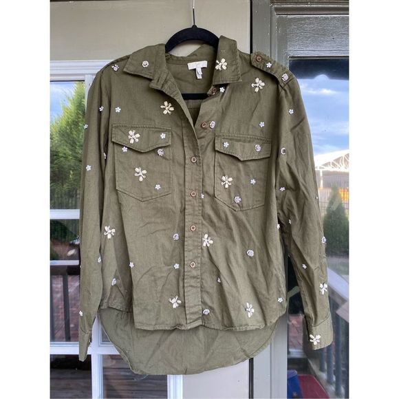 Joie Army Green Button Down Hayfa Embellished Shirt Beaded Size Small, MSRP $298 - Picture 2 of 11